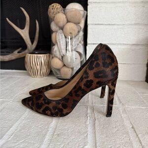 Sandro Paris Brown/Black Leopard Print Fur Leather Pointed-Toe Pumps Size 5.5